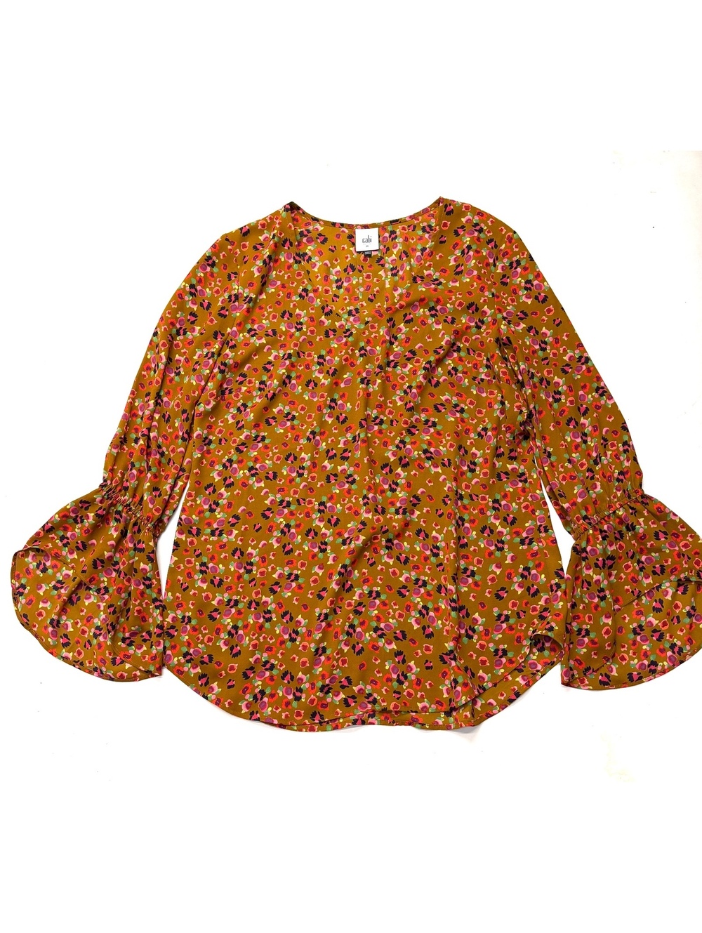 CAbi Women's Mustard Floral Burnished Bell Sleeve Blouse Top Medium